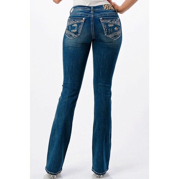 Grace in LA Women's Leopard Insert Embroidered Distressted Bootcut Stretch Jeans - Picture 3 of 3